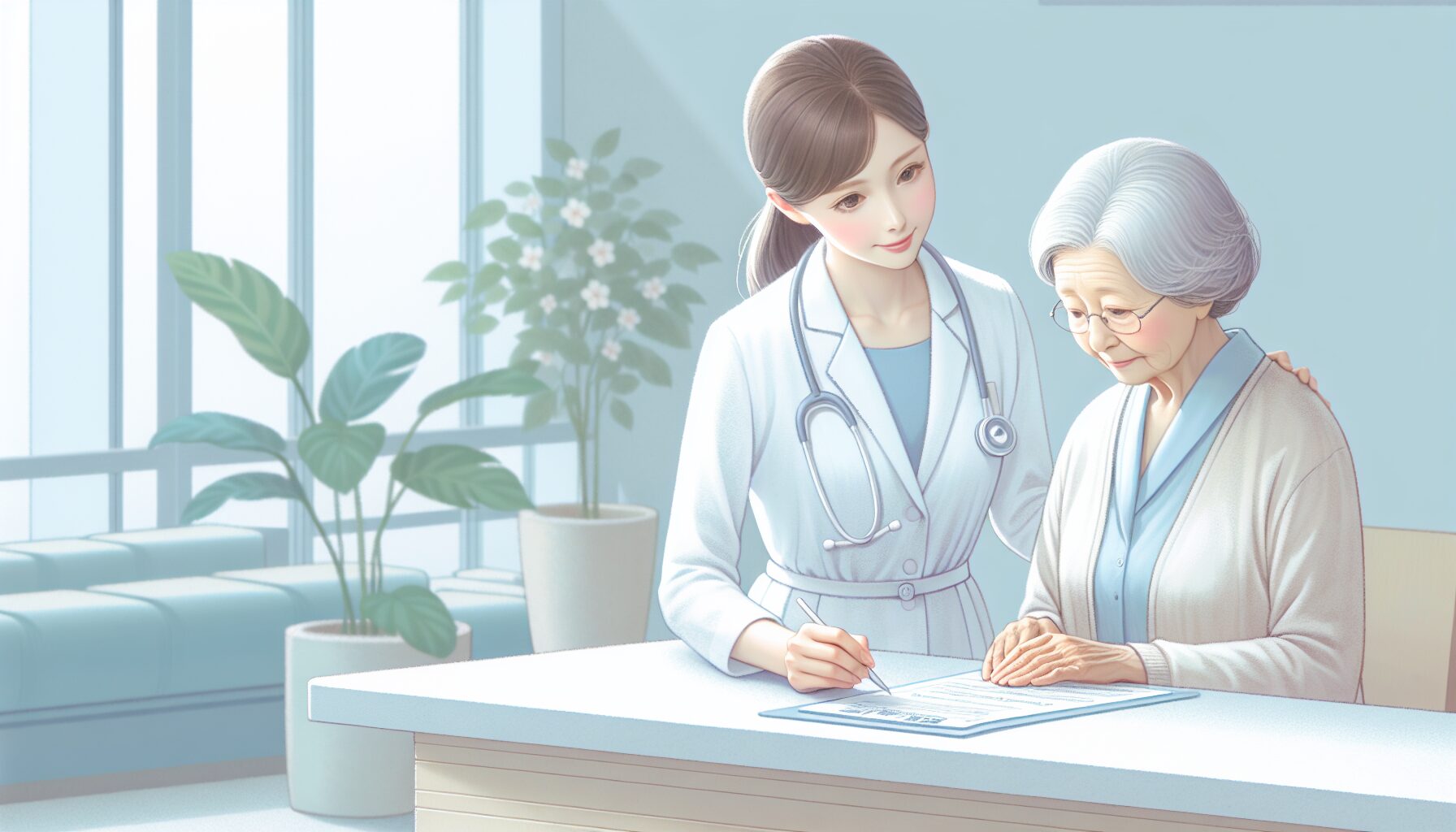 入院時の身元保証手続きをサポートするスタッフのイラスト