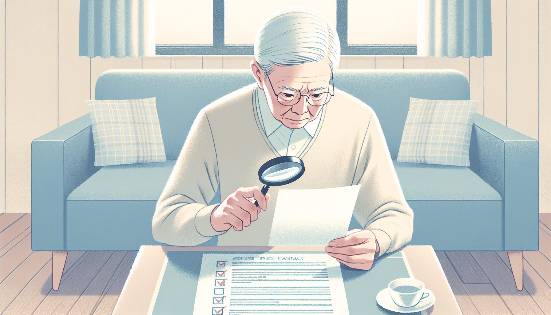 身元保証サービスの契約書を確認する高齢者のイラスト