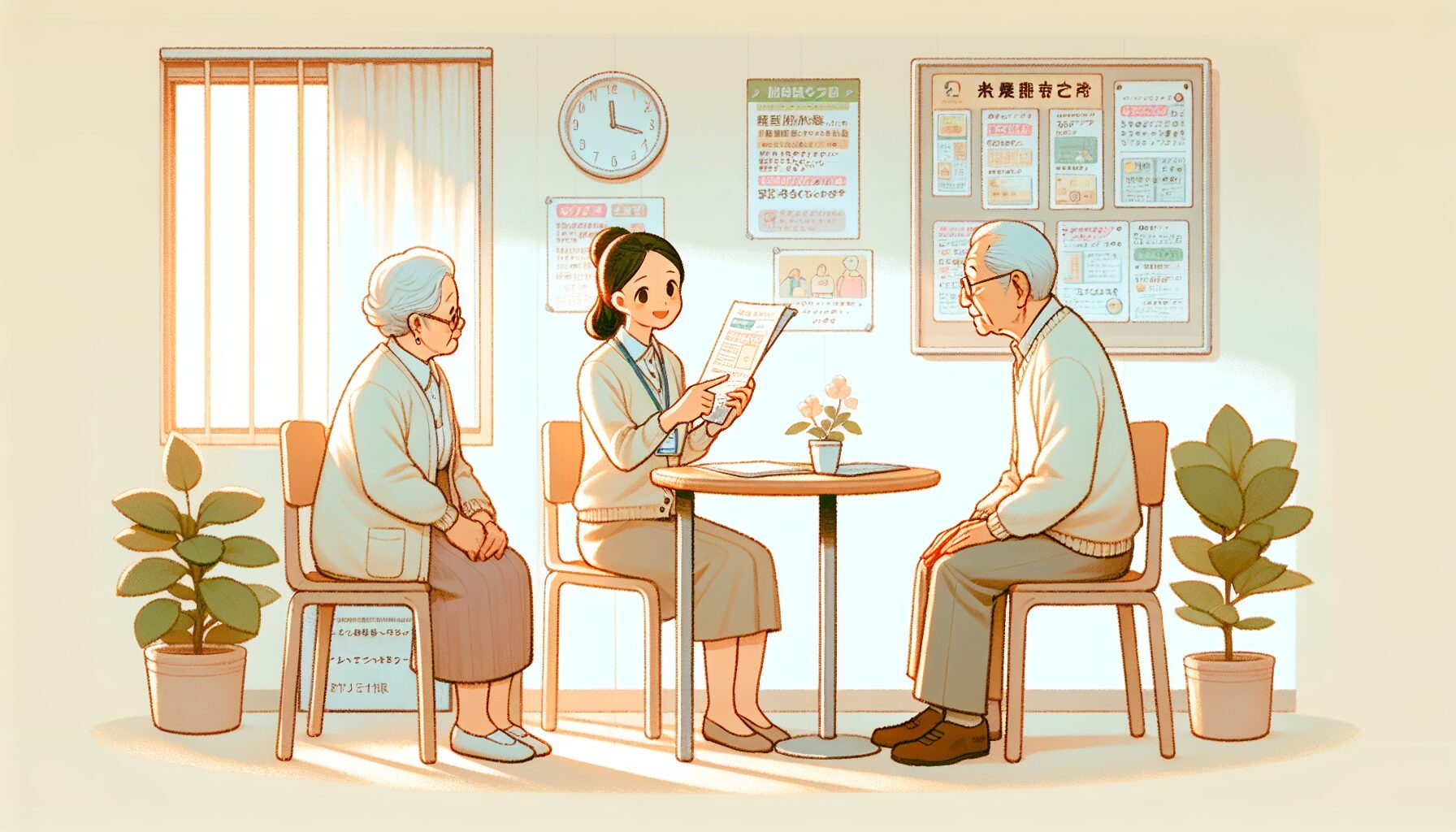 大阪の公的相談窓口で相談する高齢者のイラスト