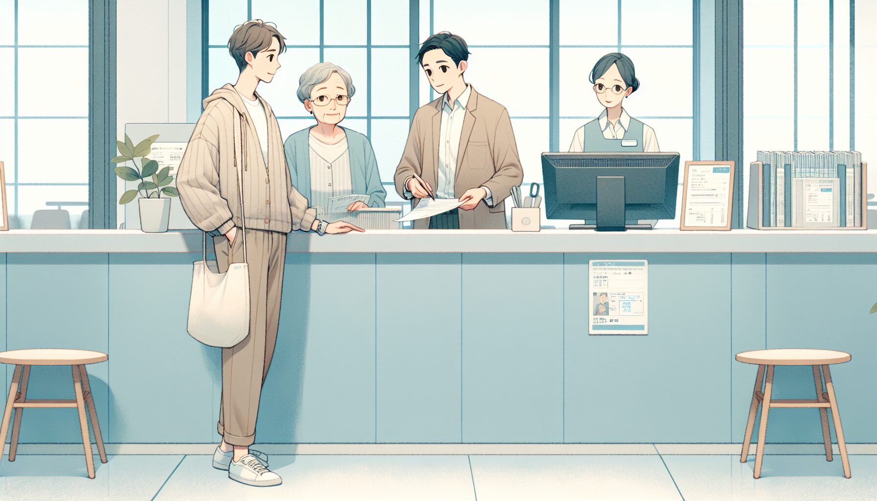 銀行窓口で困る家族のイラスト