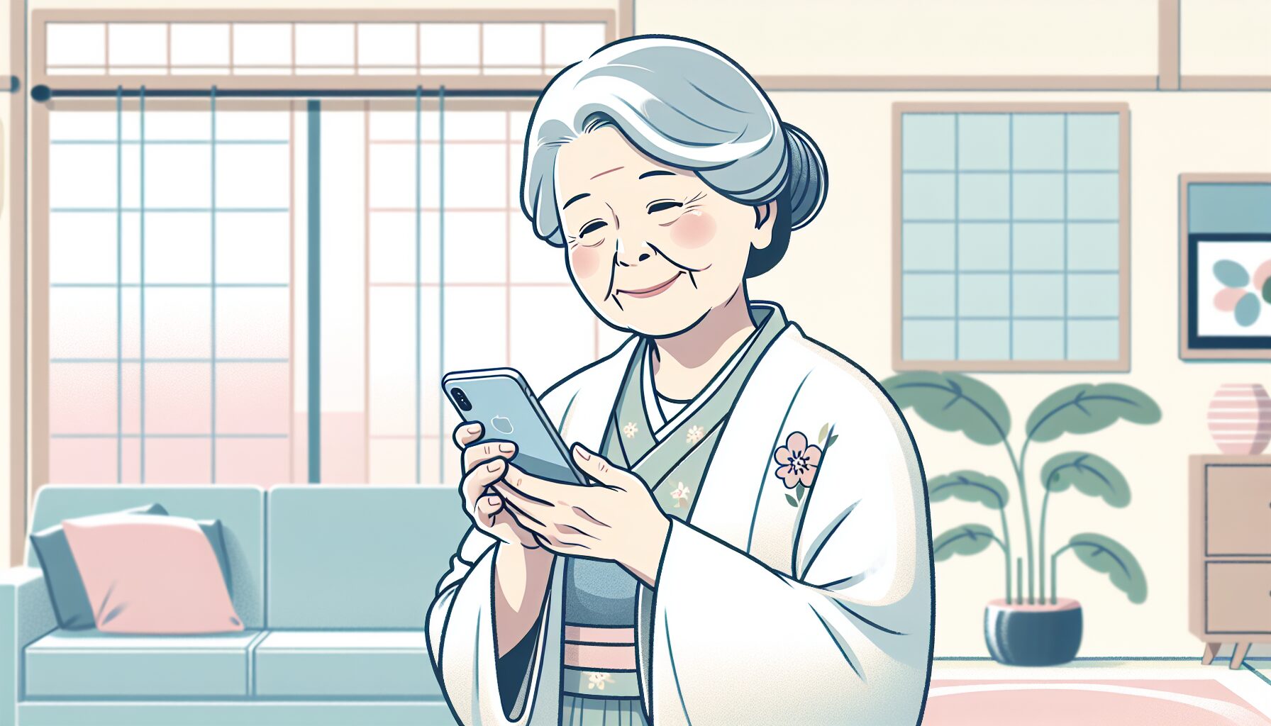 スマートフォンを使う高齢女性