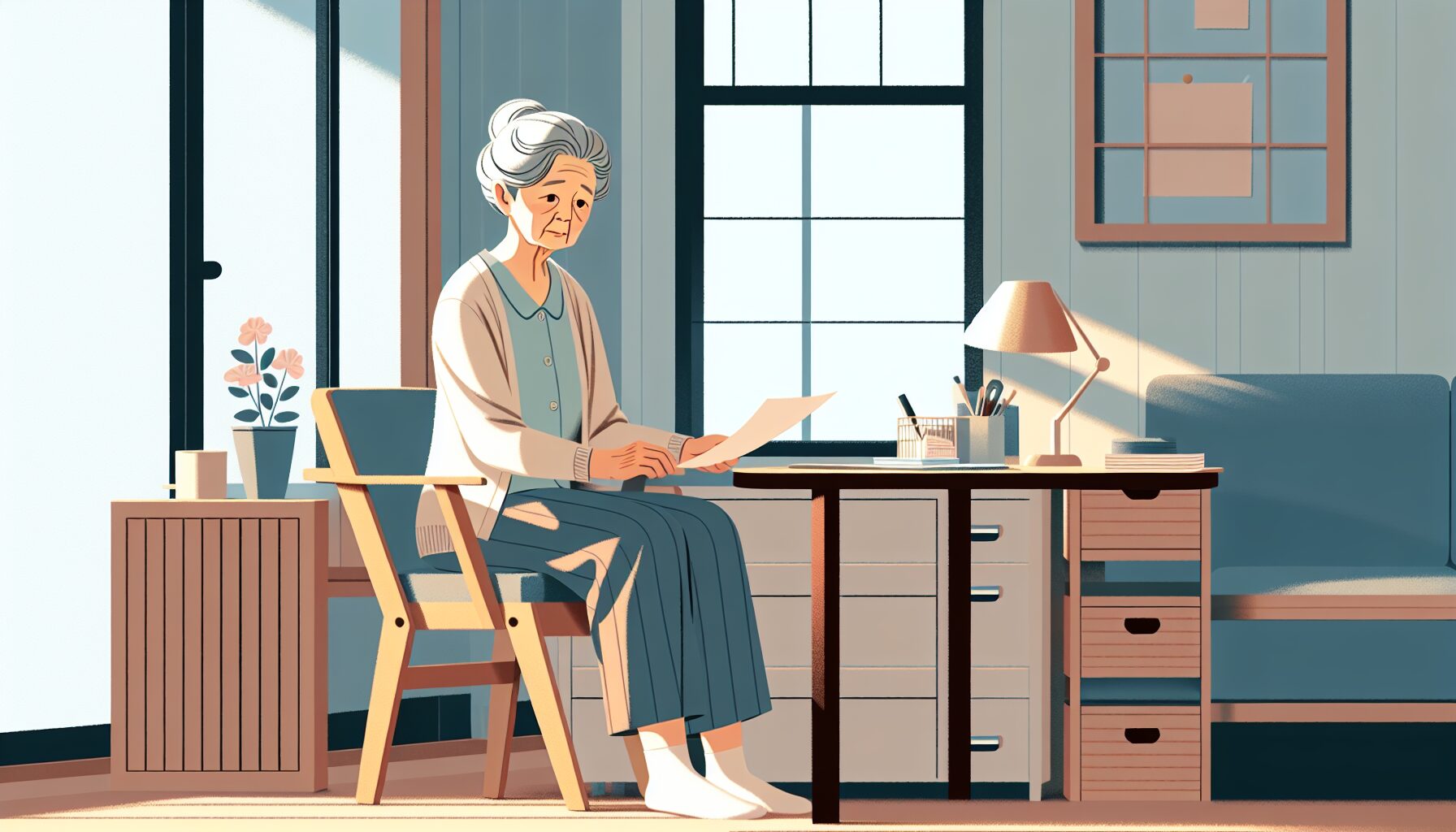 一人で書類を確認する高齢女性