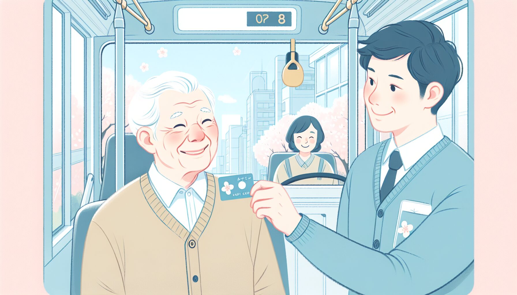 大阪市の敬老パスを使ってバスに乗車する高齢者のイラスト