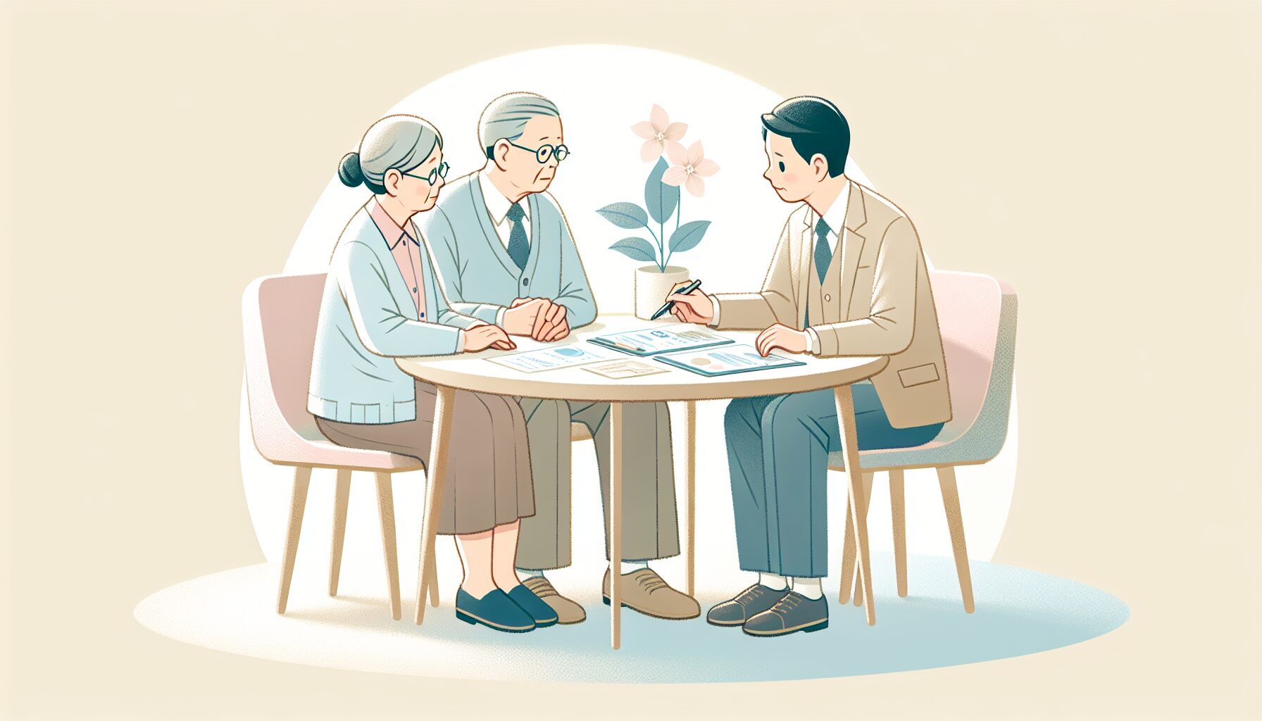 専門アドバイザーと一緒に支援制度の書類を確認する高齢者夫婦のイラスト