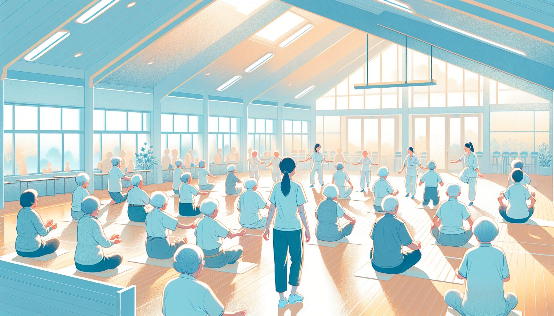 地域の介護予防教室で体操を楽しむ高齢者グループのイラスト