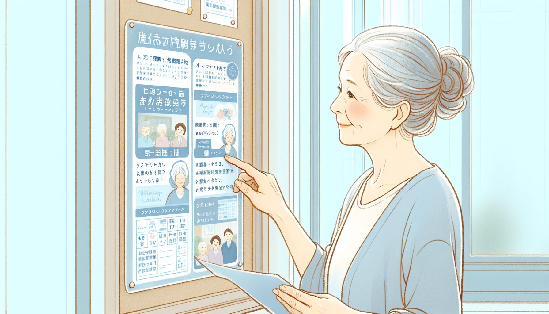 大阪の終活セミナー会場の案内掲示板を確認する高齢女性