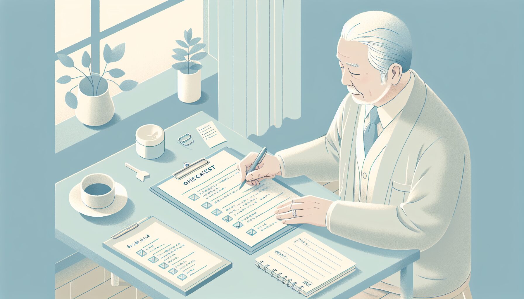 終活の無料相談に向けて書類を準備する高齢男性