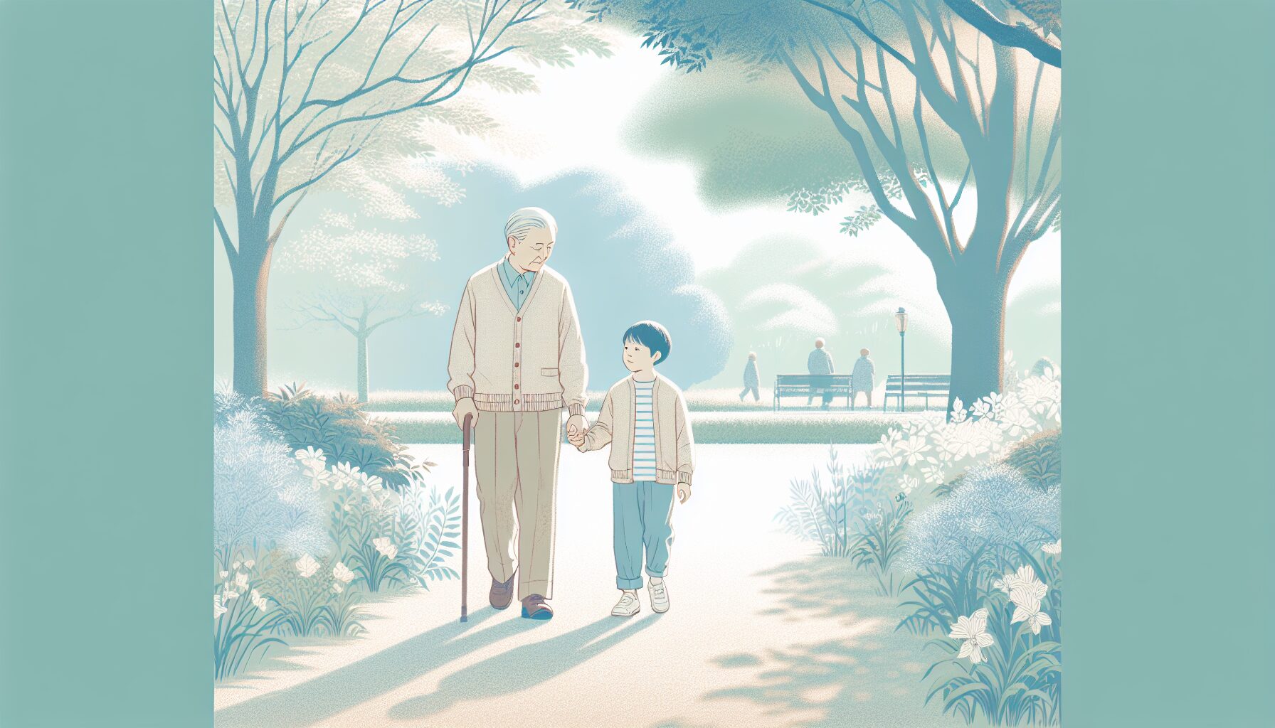 障がいのある子と親が公園を散歩するやさしいイメージ