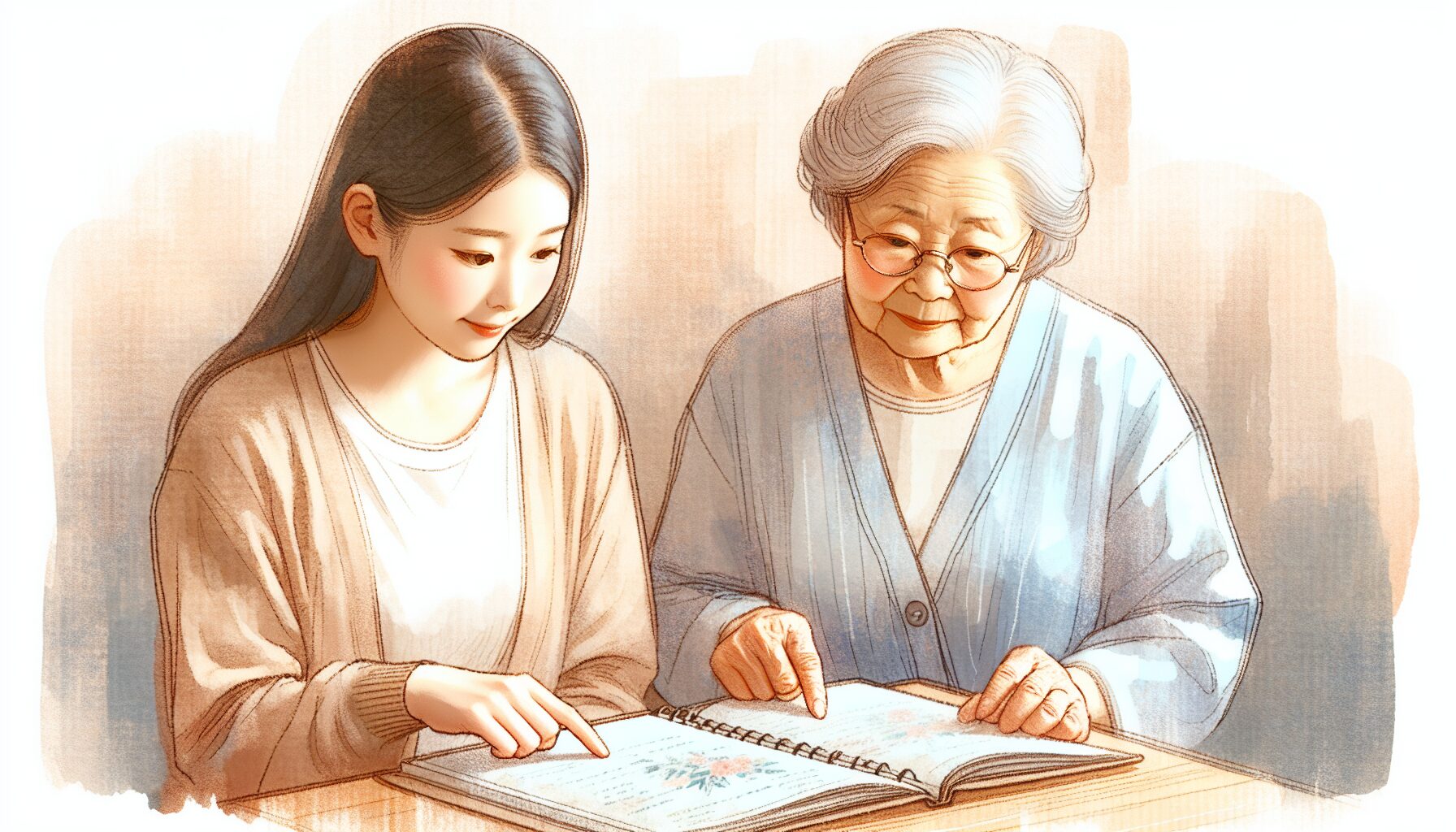 母親と一緒にエンディングノートを書く娘