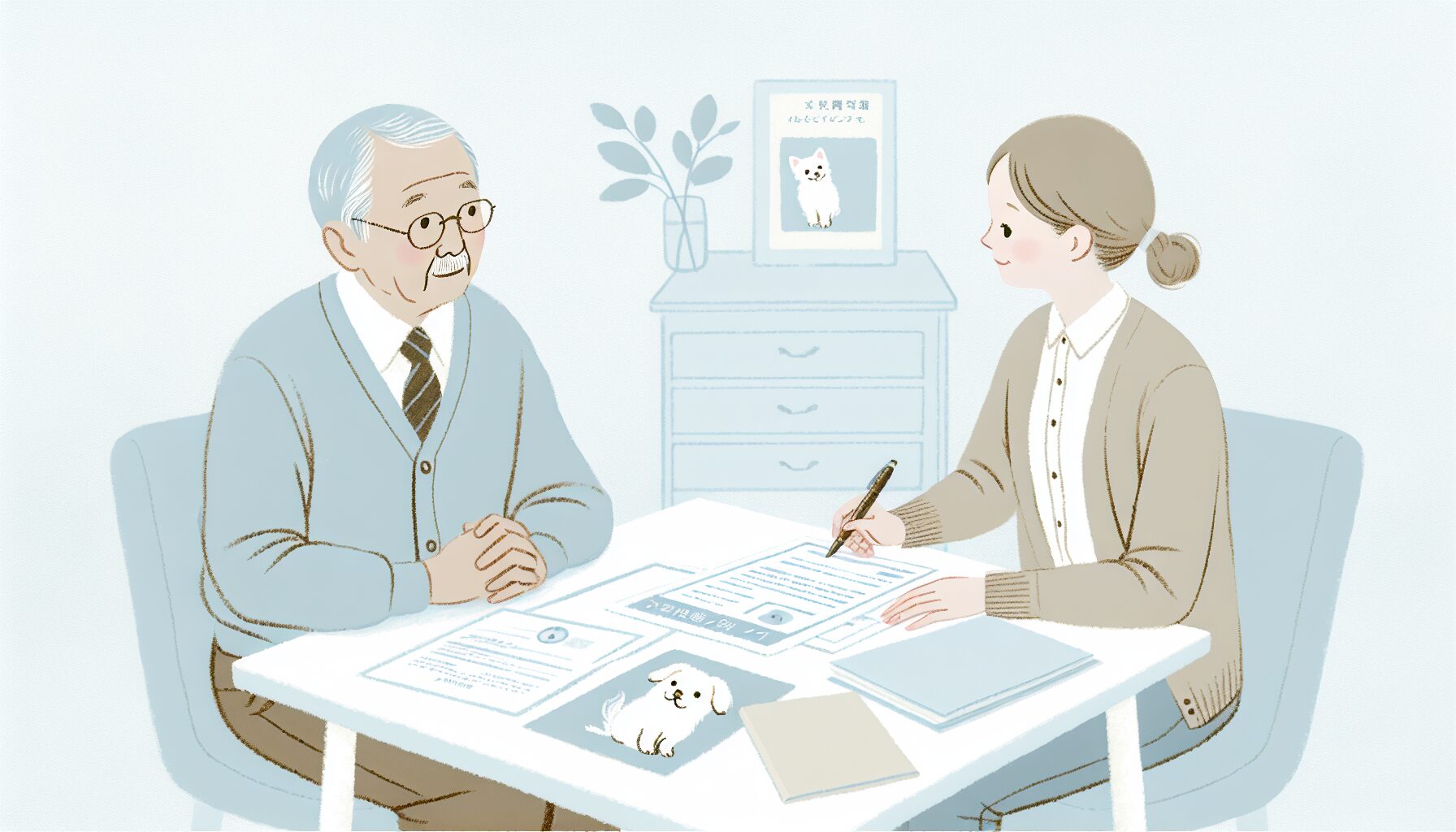 ペット信託について専門家に相談する高齢者のイラスト