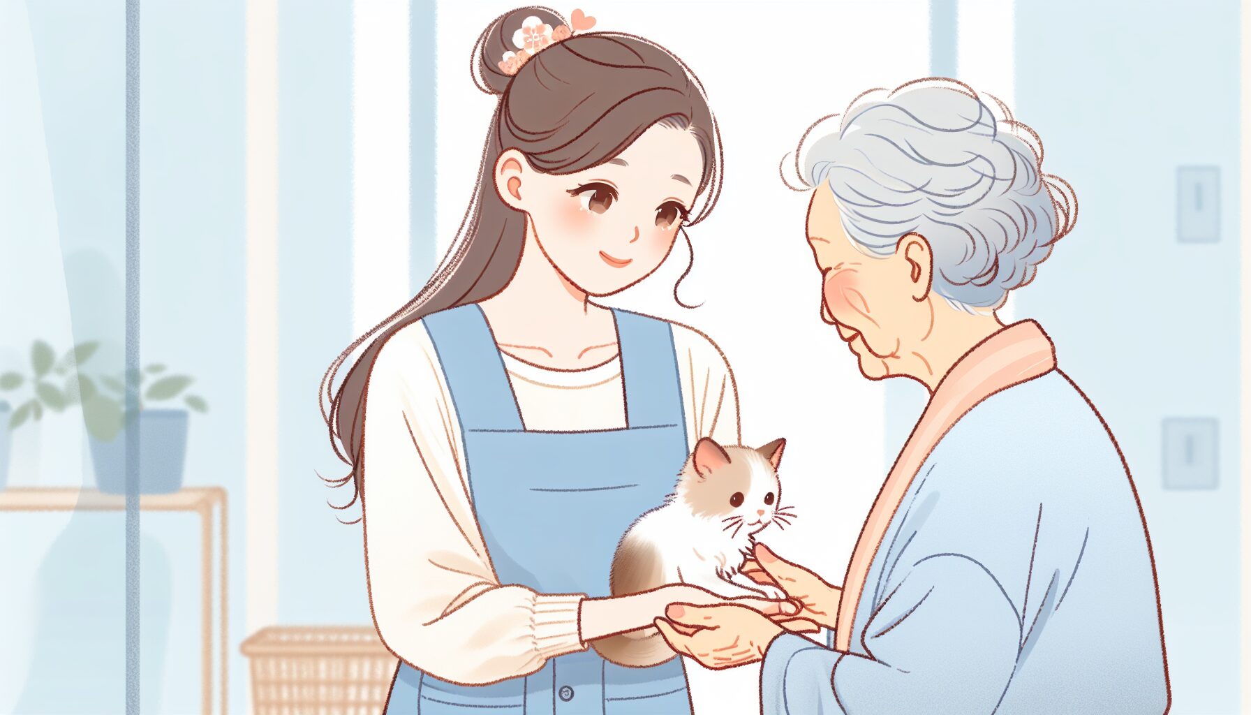 ペットの引継ぎを見守る高齢女性とボランティアのイラスト