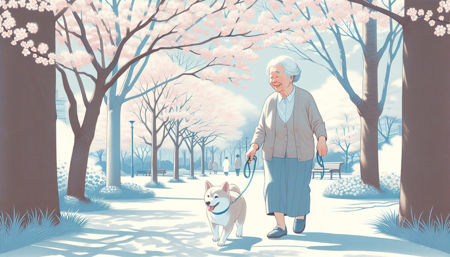 公園で小型犬と散歩する高齢女性のイラスト