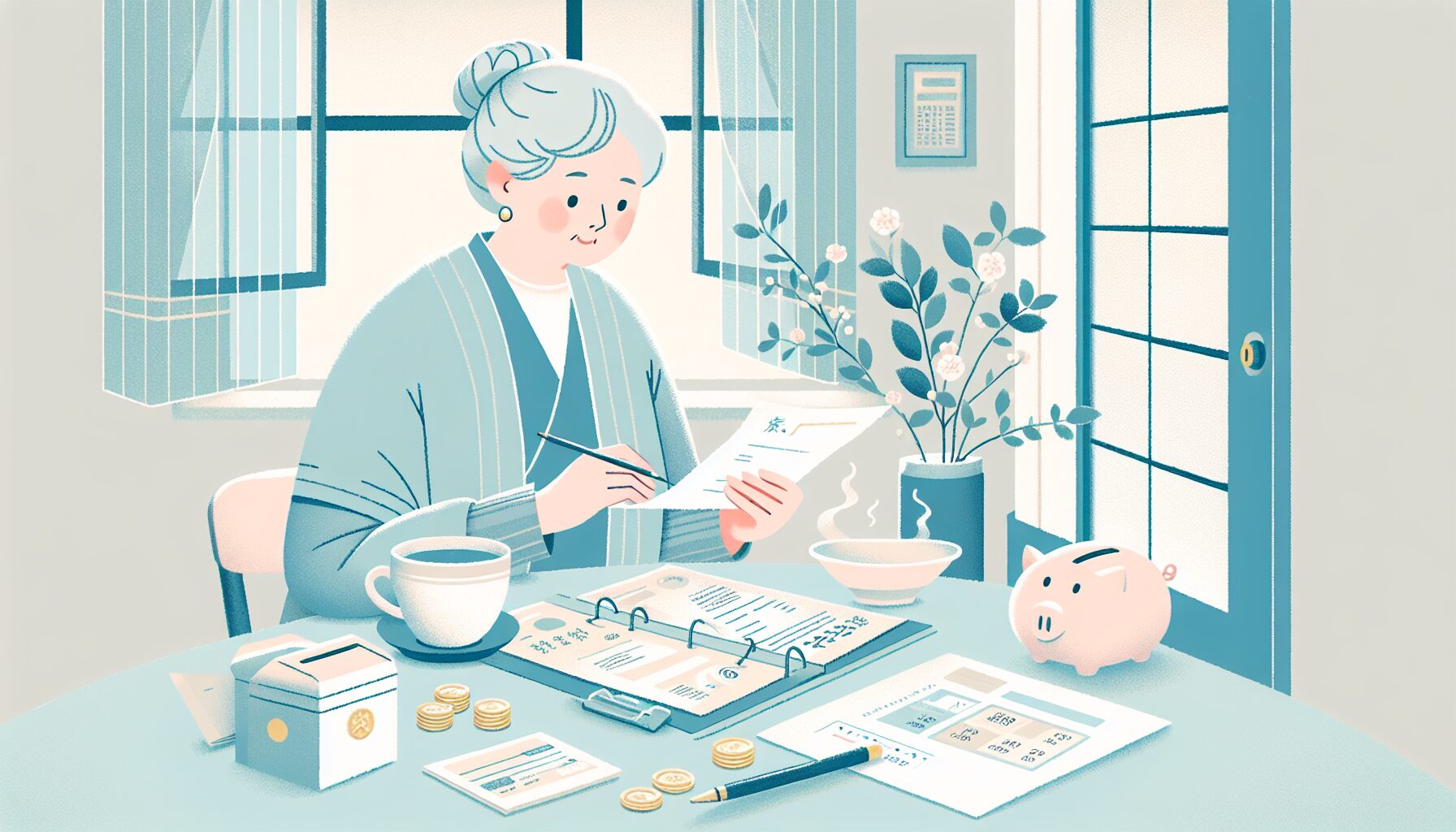通帳と電卓で老後の家計を確認する高齢女性のイラスト