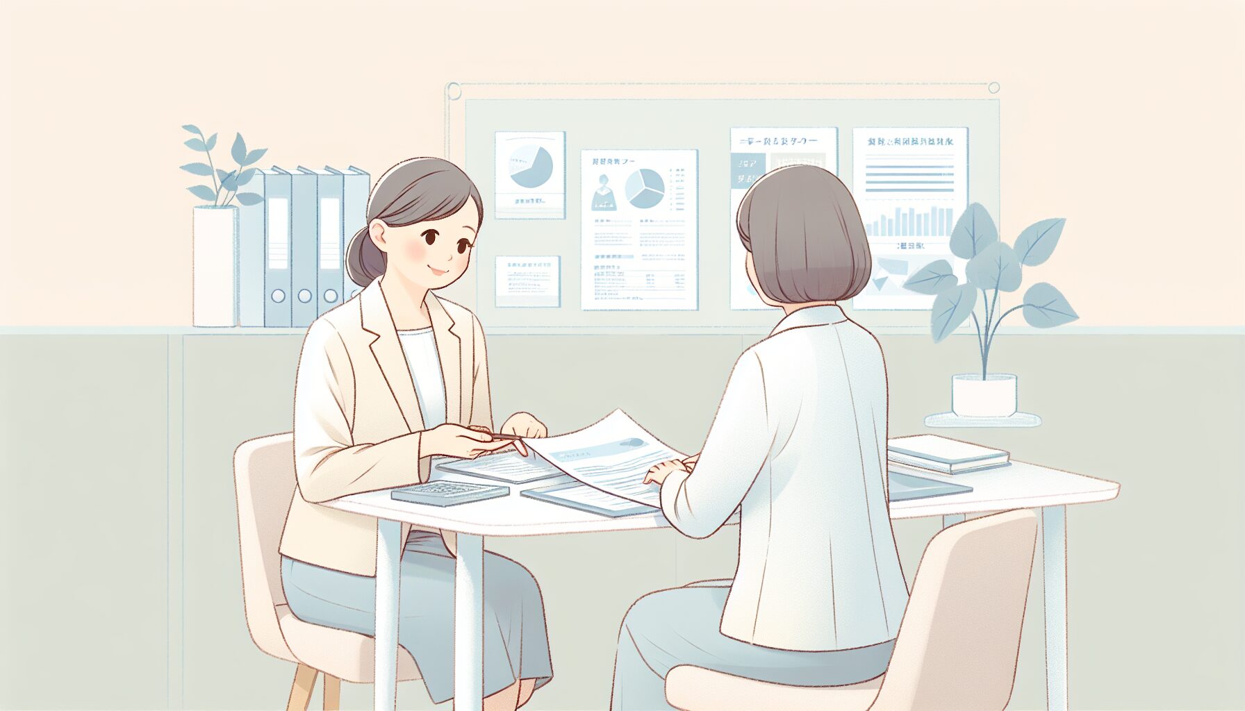 ファイナンシャルアドバイザーに相談する女性のイラスト