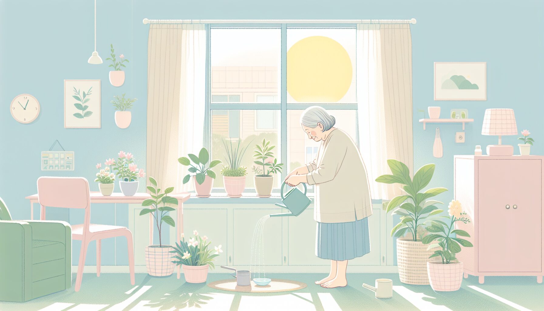 明るい部屋で穏やかに暮らす高齢女性のイラスト