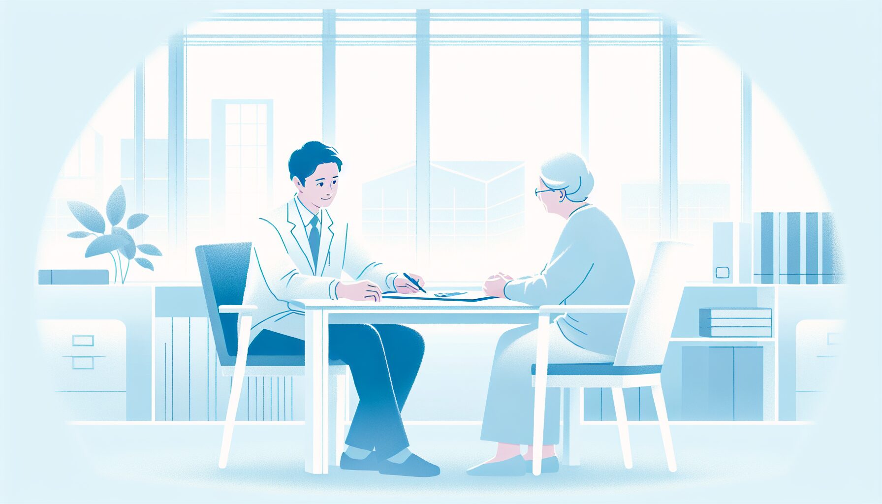 ケースワーカーと高齢者が書類を確認するイラスト