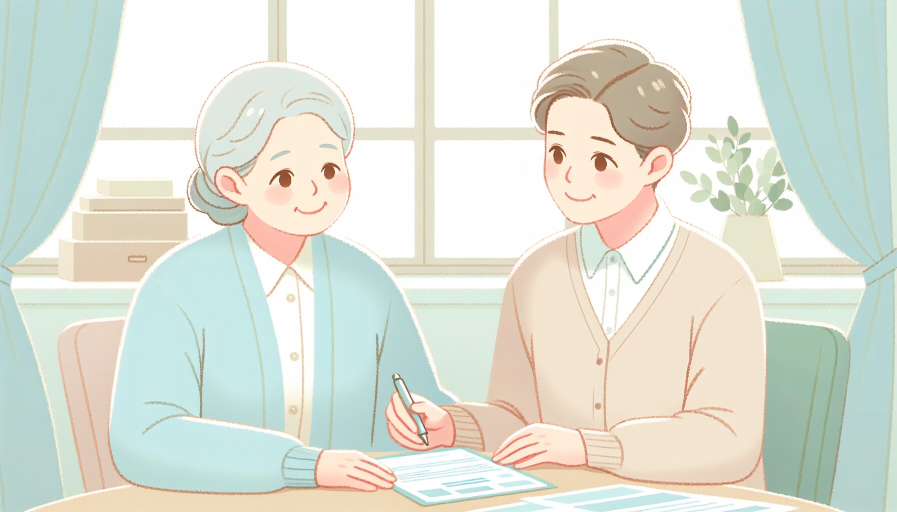 社会福祉士とともに書類を完成させ安堵する高齢者のイラスト