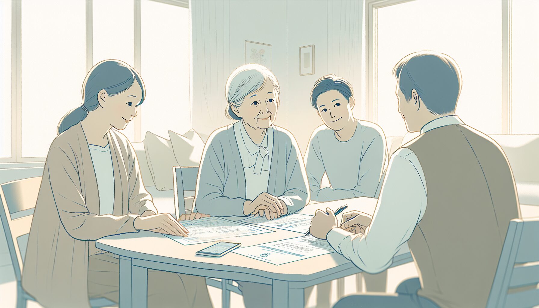家族と専門家が成年後見について話し合っているイラスト