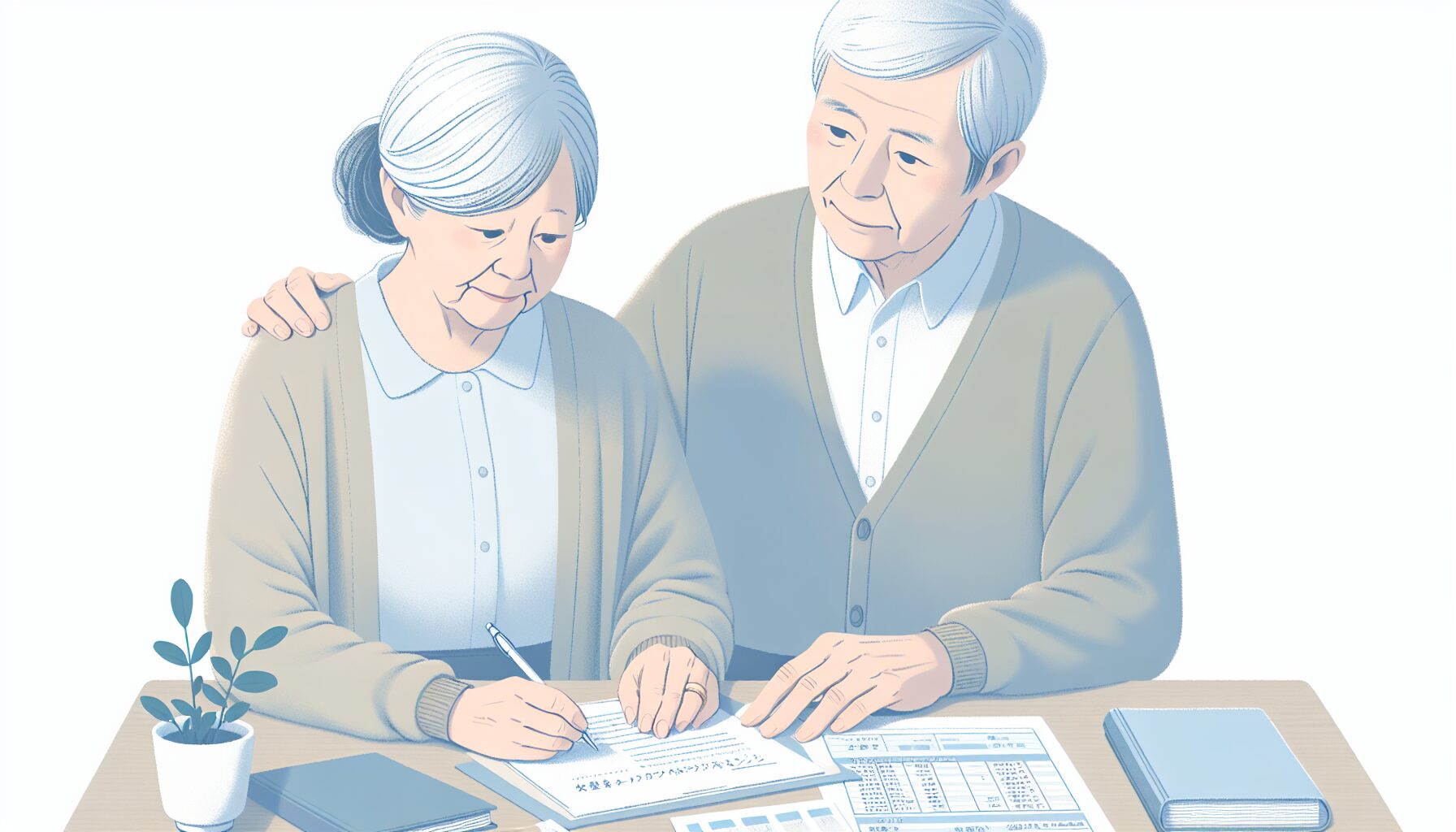 将来の備えについて話し合うカップルのイラスト