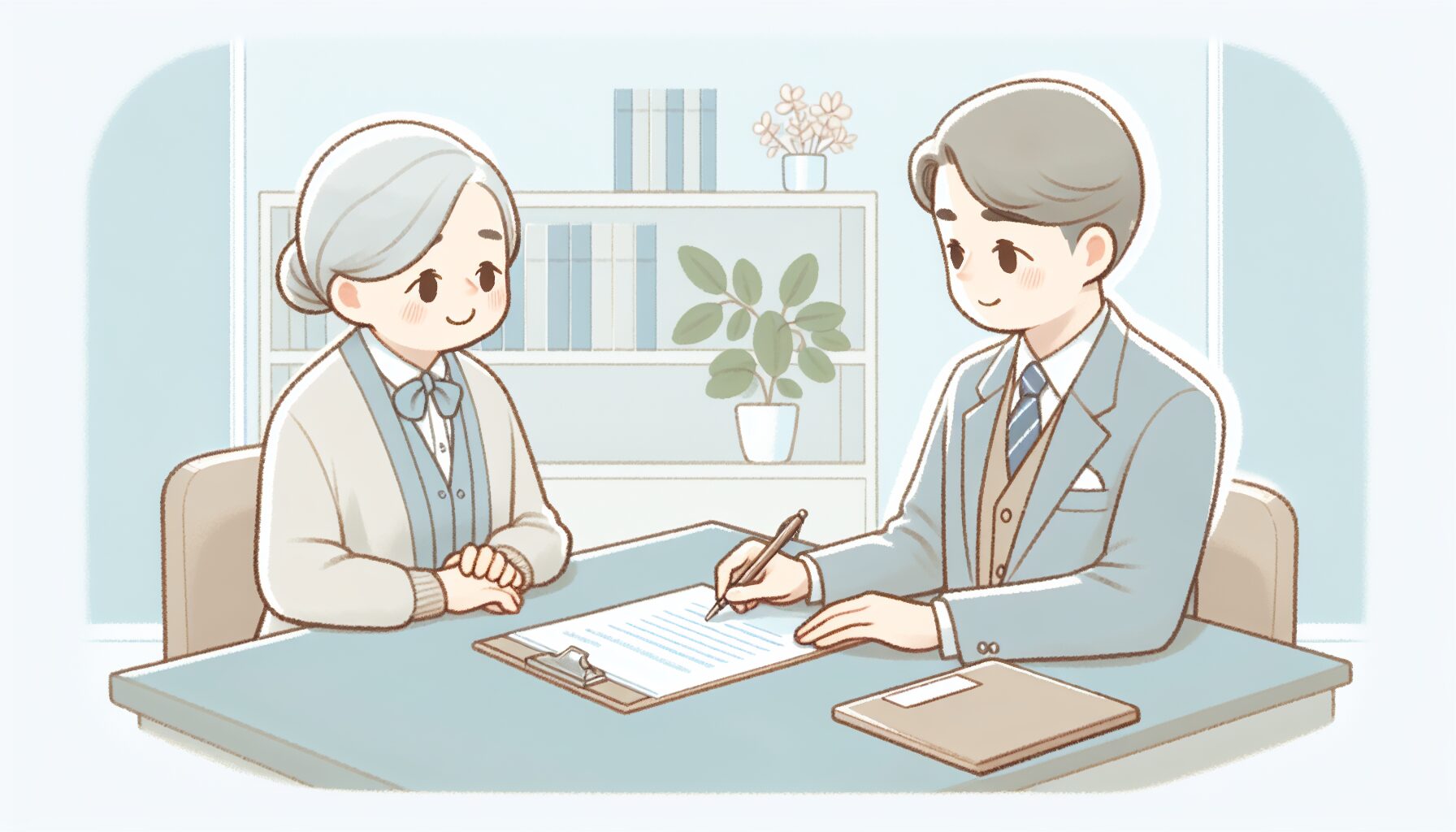 死後事務委任契約を公証役場で締結する高齢者のイラスト