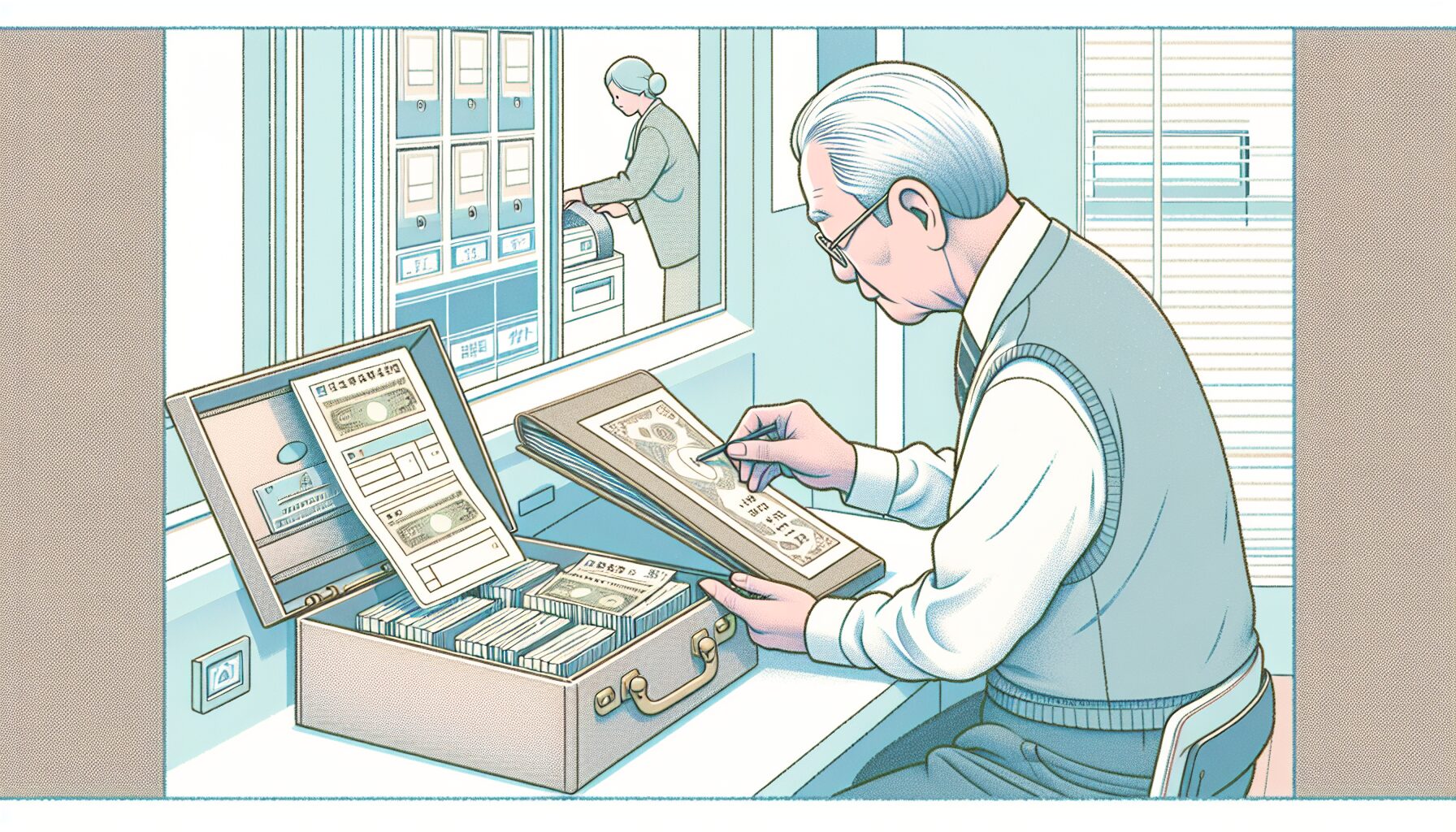 死後事務費用を銀行の貸金庫に預託する高齢者のイラスト