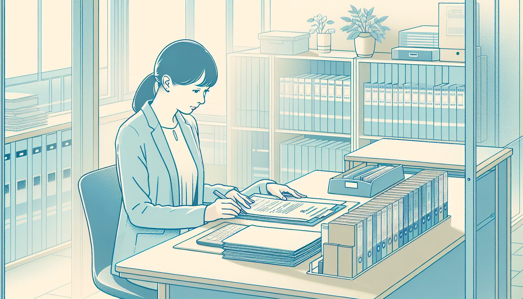 死後事務を代行する専門家が書類処理をしているイラスト