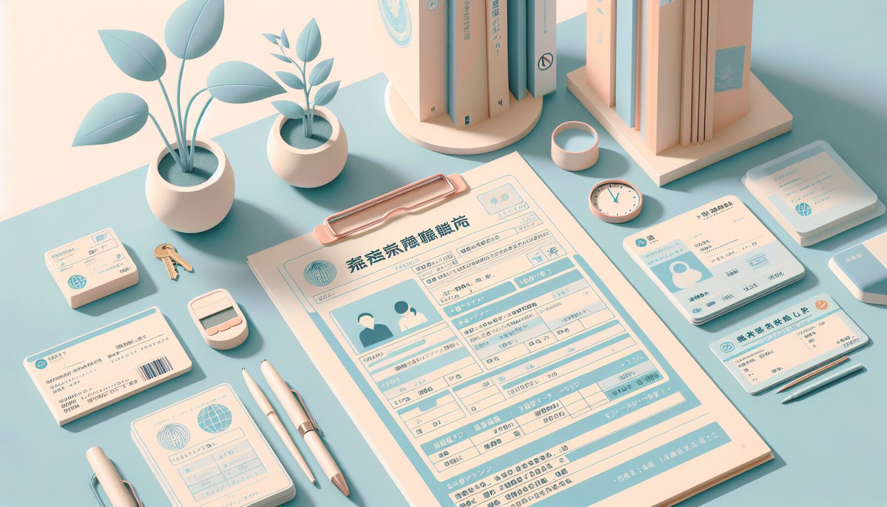 年金手帳や健康保険証などの行政書類が整理されたデスクのイラスト