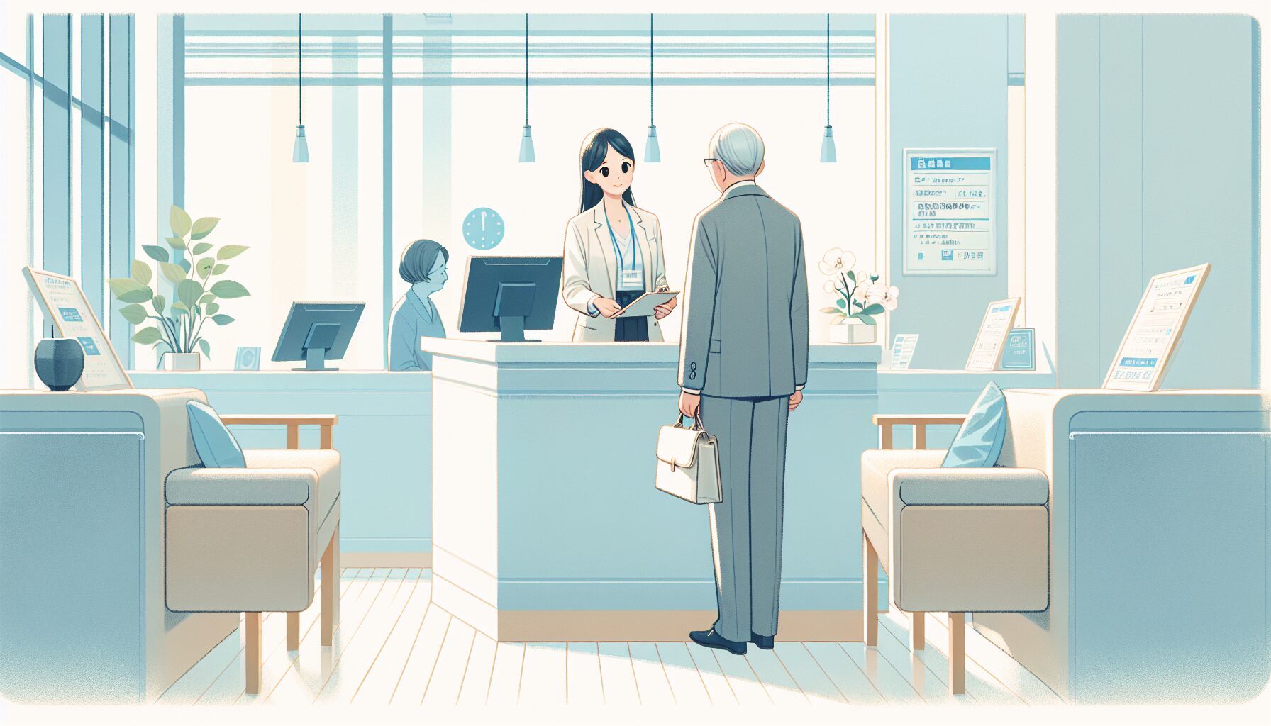 おくやみ窓口で手続きをサポートする専門職のイラスト