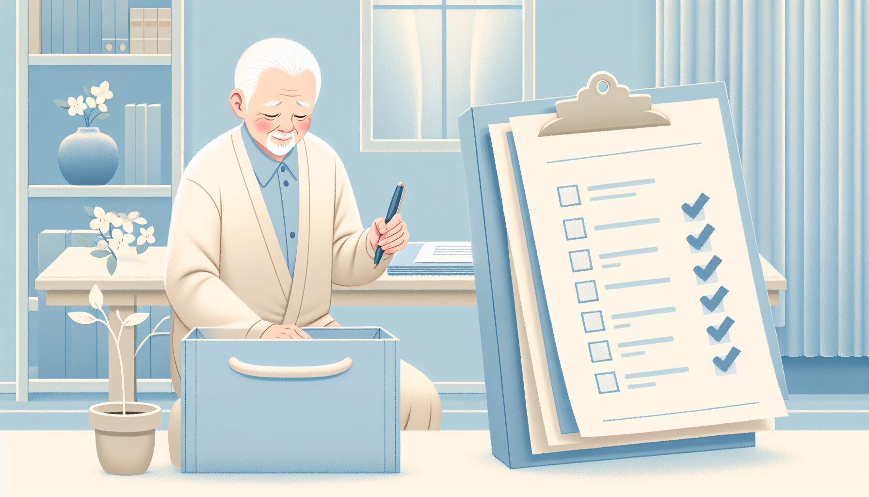 重要書類をファイルに整理して安心した表情のシニア男性のイラスト