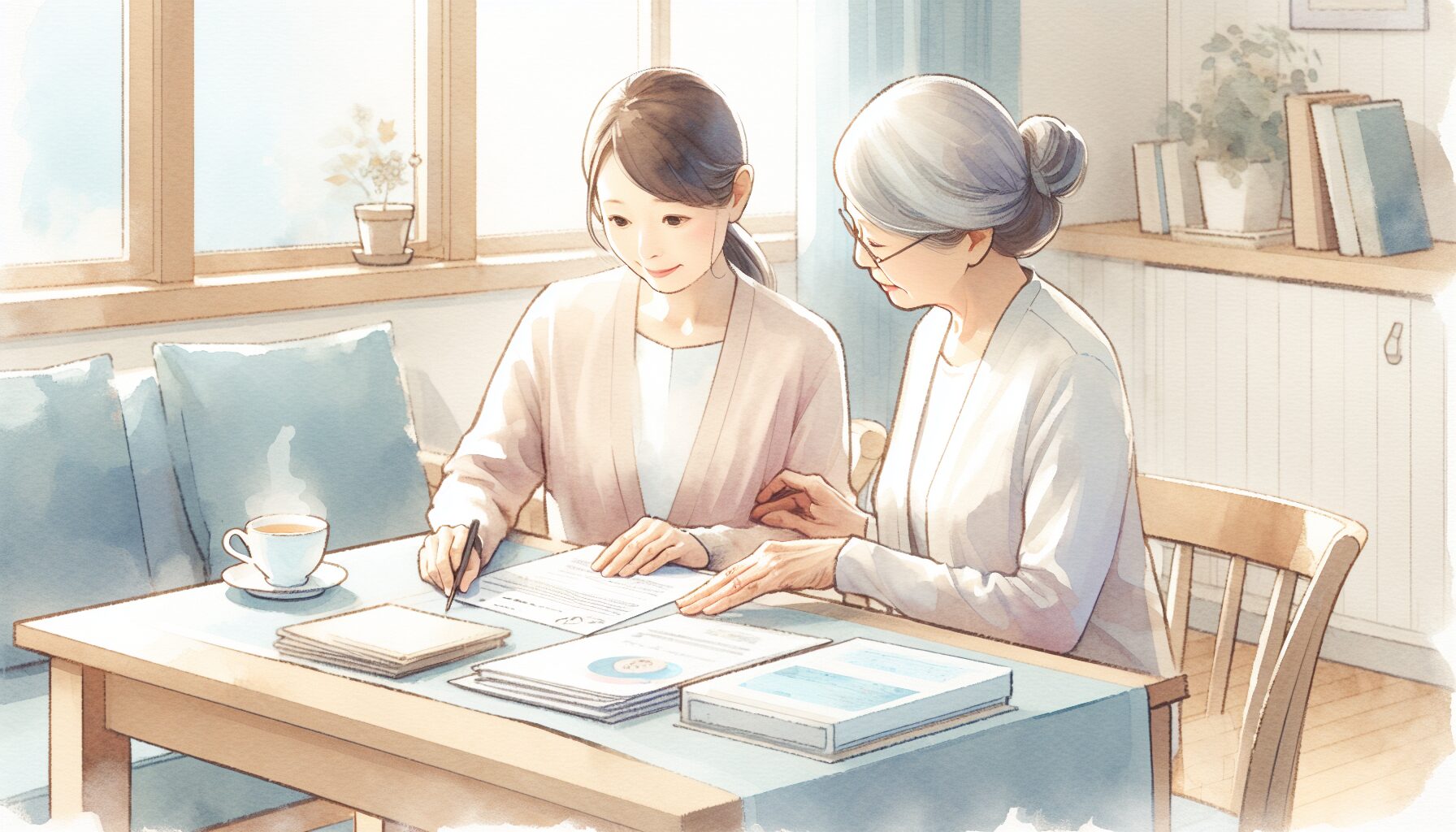 家族で死後事務委任の書類を確認する場面