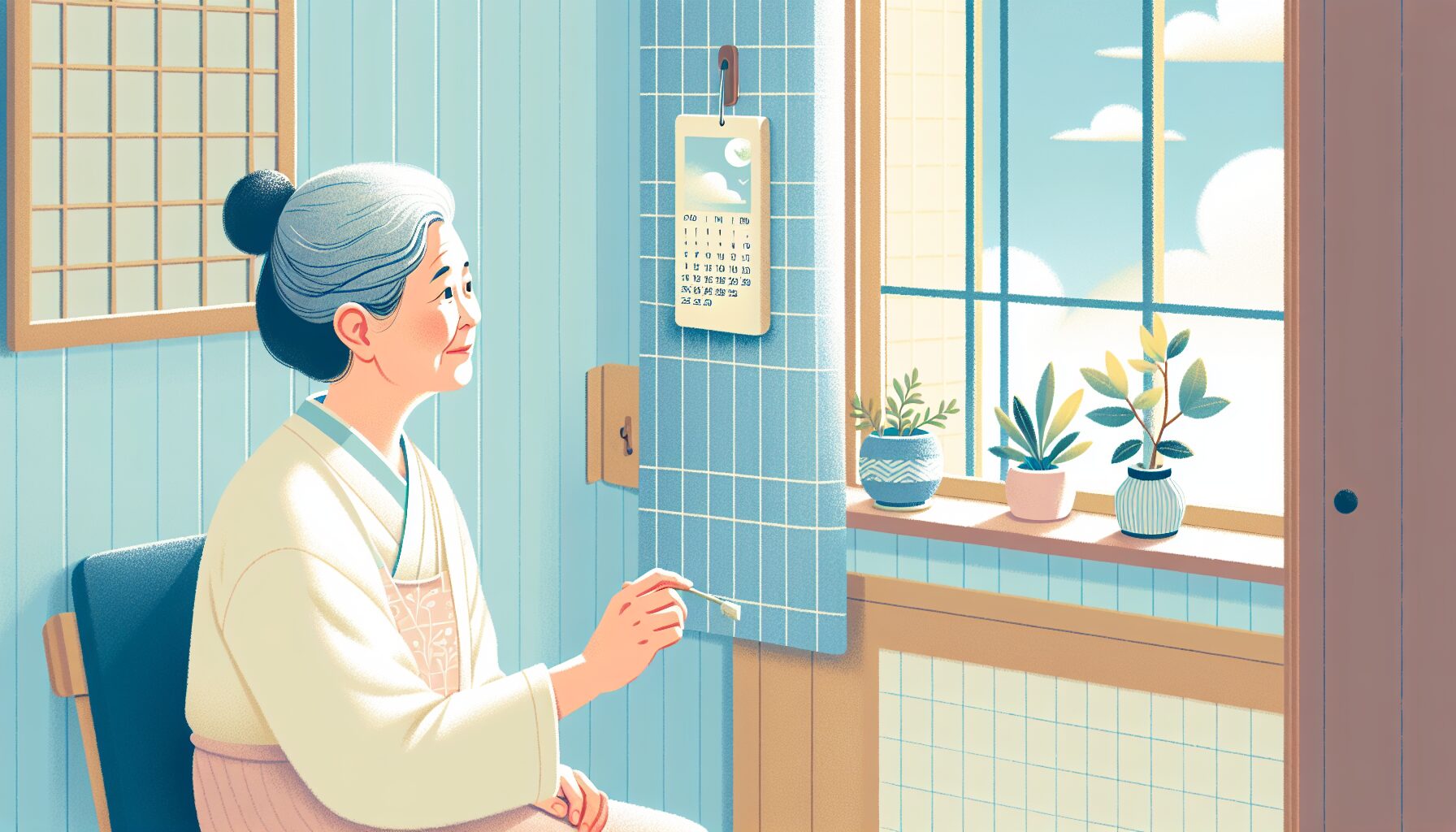 窓辺で将来を考える高齢女性のイラスト