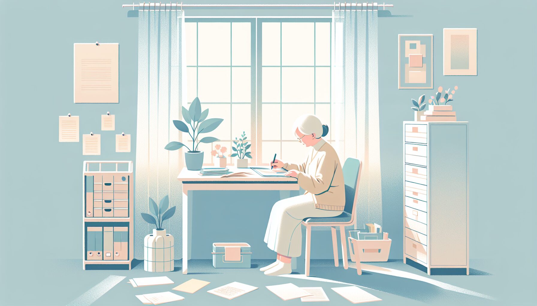 終活のチェックリストを書く高齢女性のイラスト