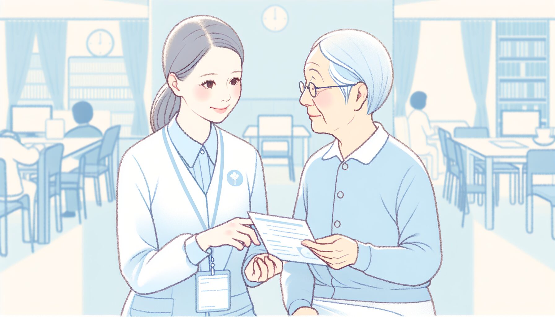 ケアマネと高齢者が相談するイラスト