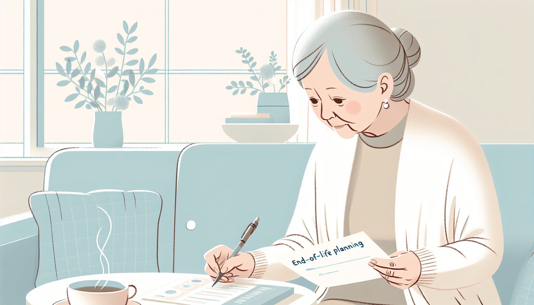 エンディングノートを書く高齢女性のイラスト