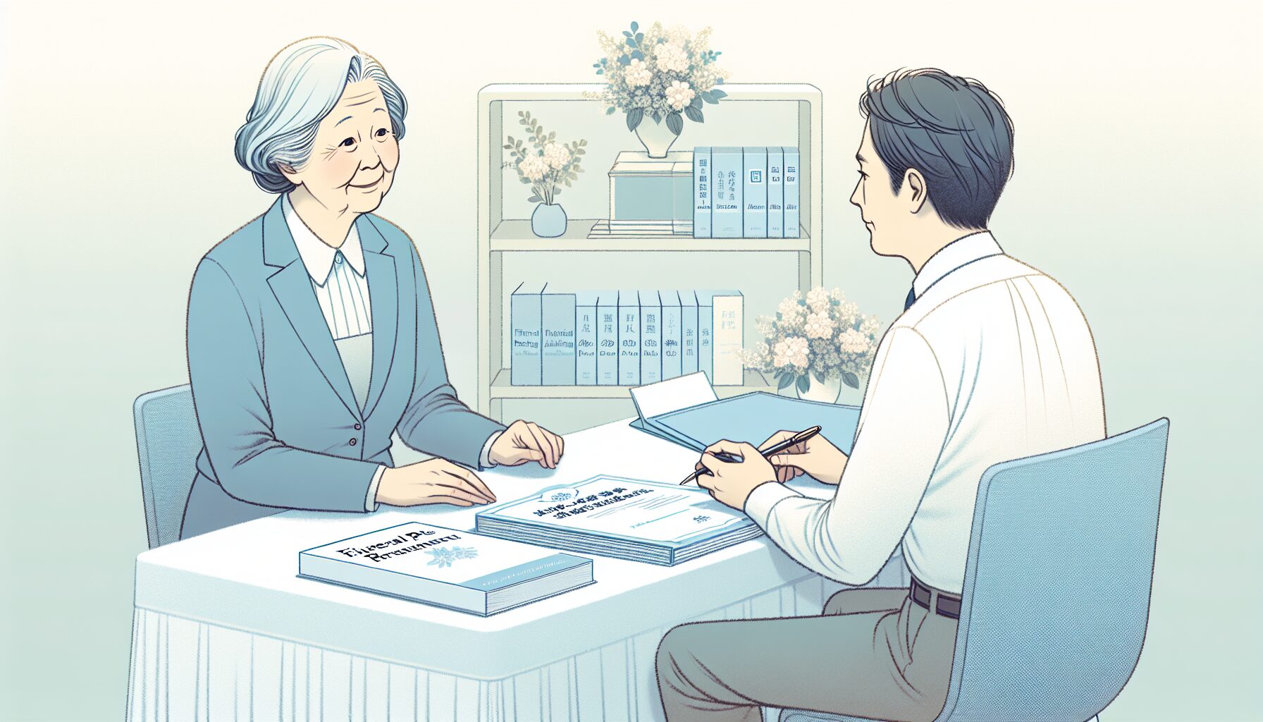 葬儀の生前契約について専門家と相談するイラスト