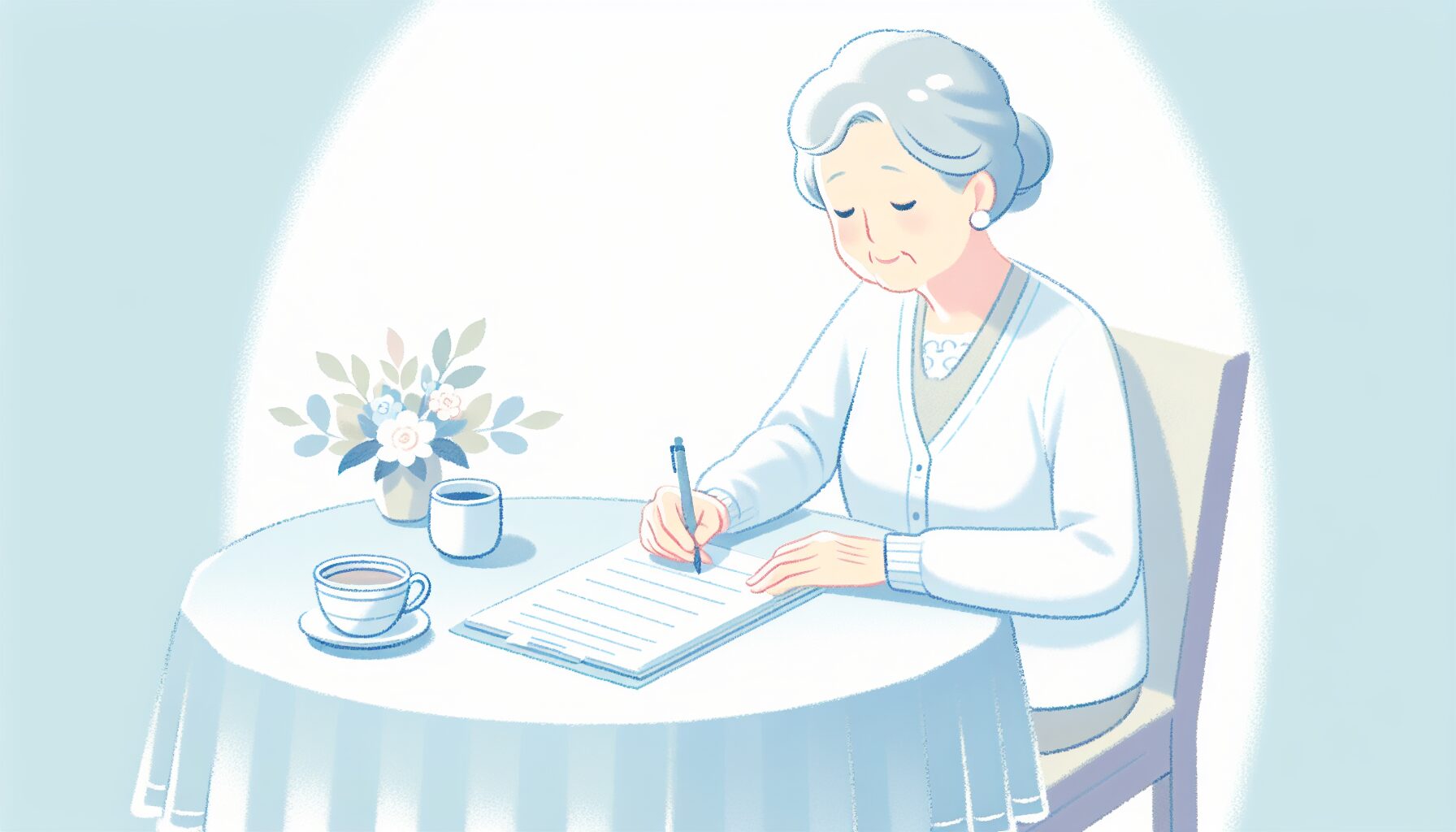 エンディングノートを書く高齢女性のイラスト