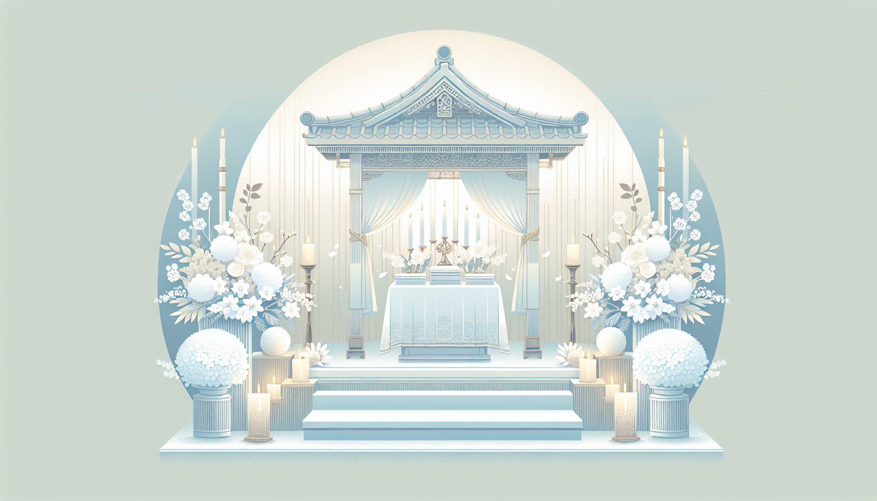 白い花と柔らかなキャンドルの光に包まれた家族葬の祭壇のイラスト