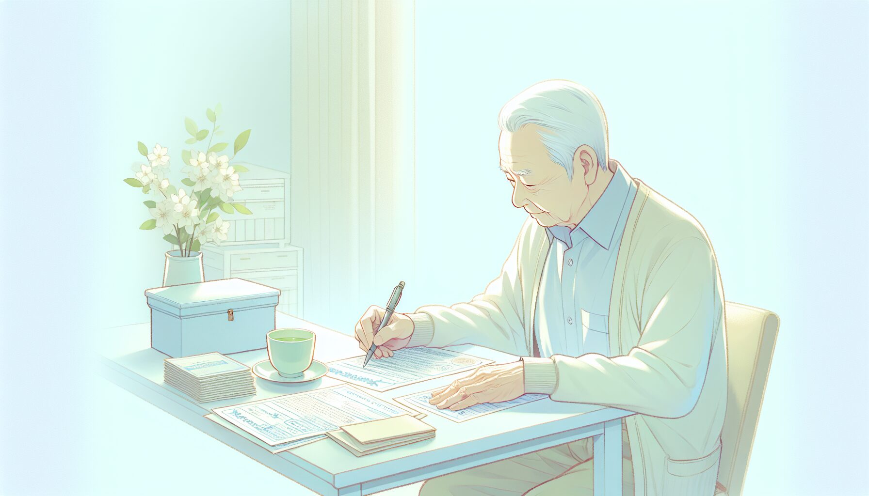 明るいデスクでエンディングノートを書くシニア男性のイラスト