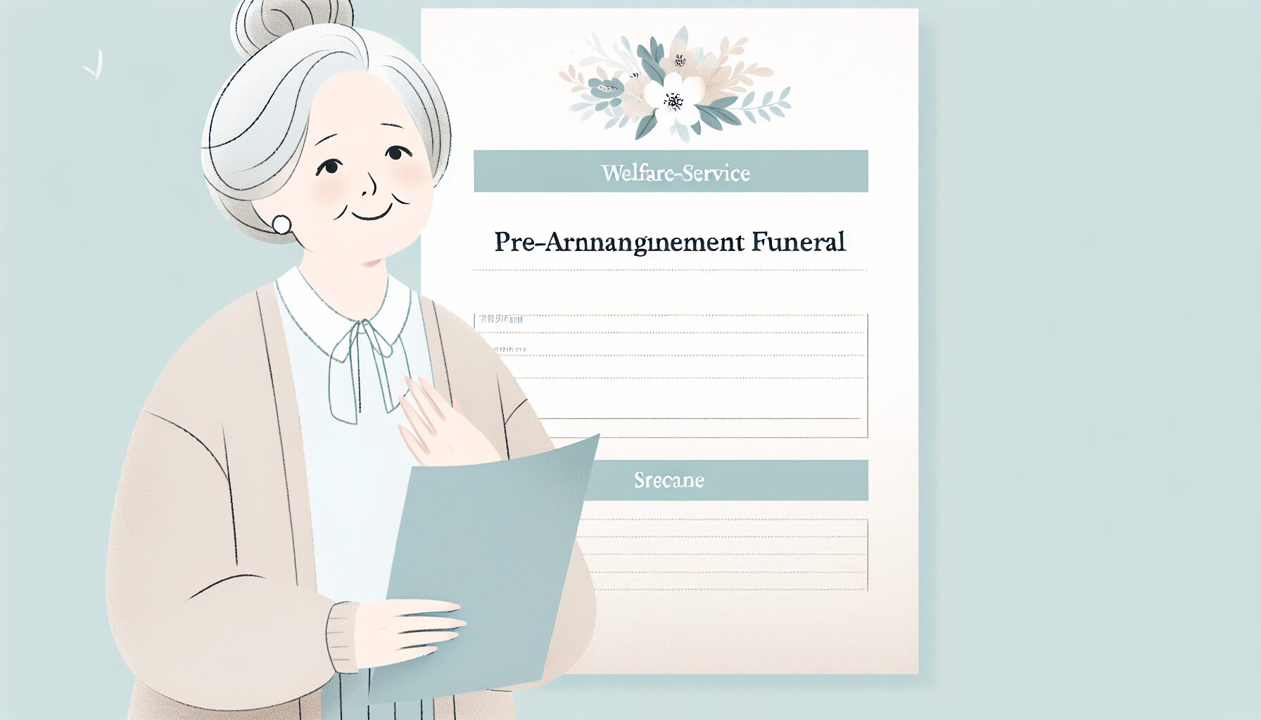葬儀の生前契約の手続きを終えて安心した表情のシニア女性のイラスト