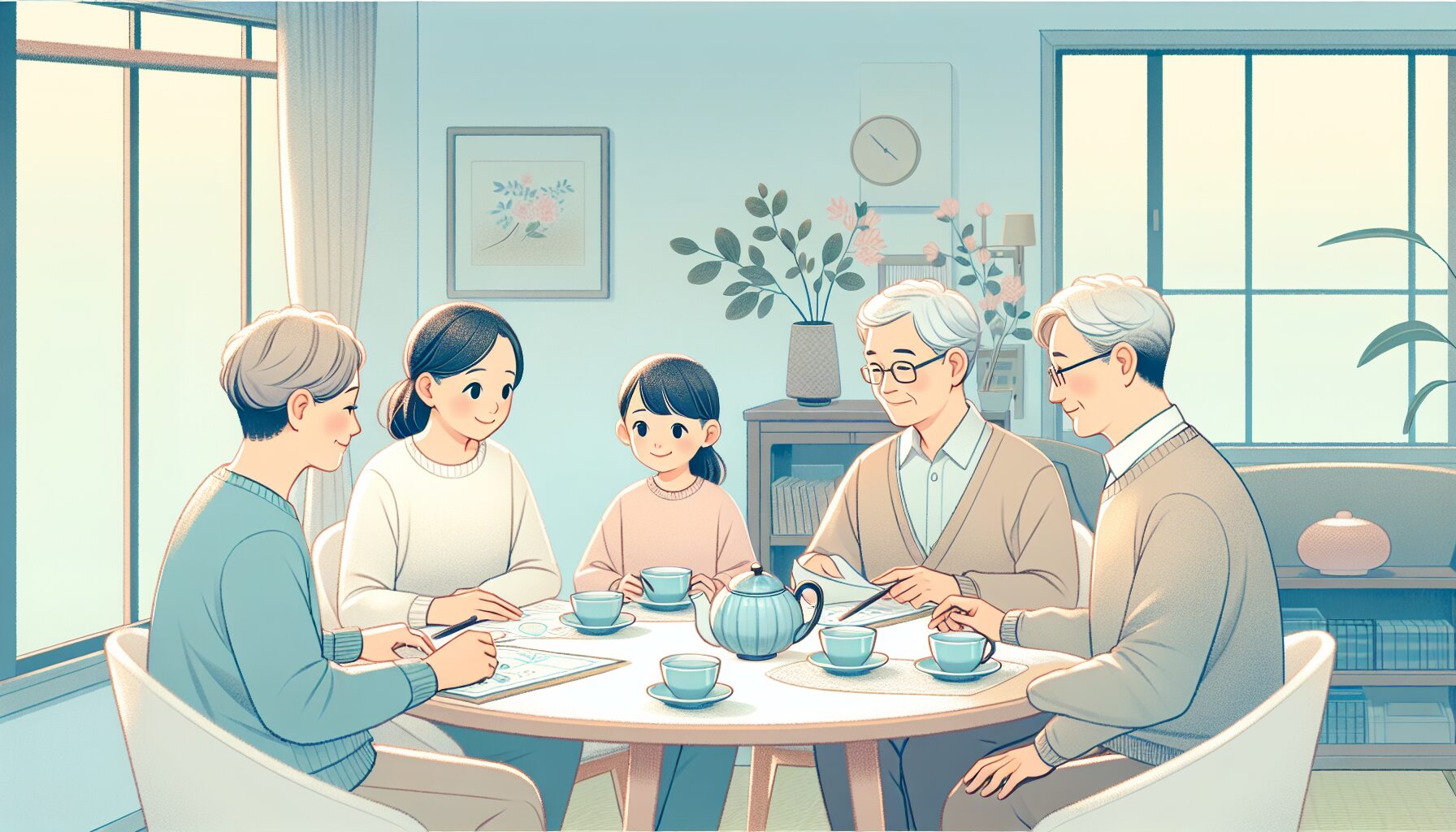家族で終活・遺言について話し合っているイラスト