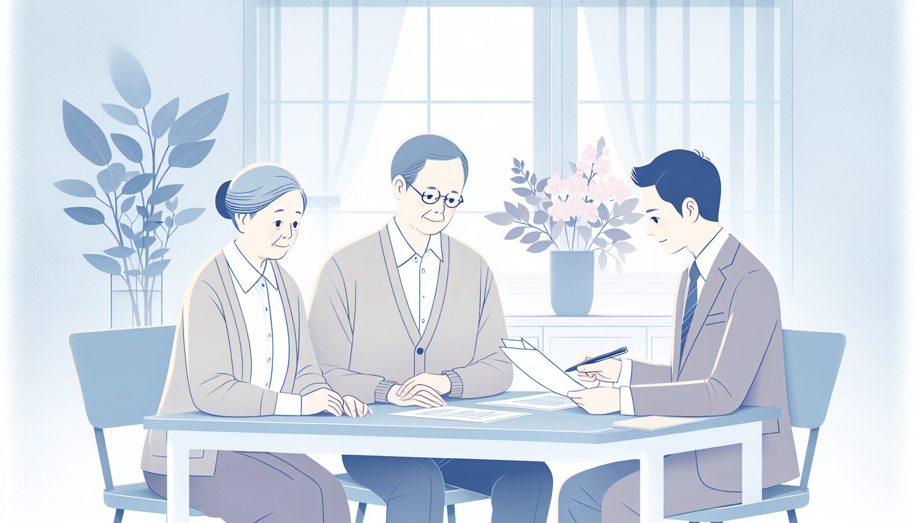 財産管理について専門家と相談する高齢夫婦のイラスト