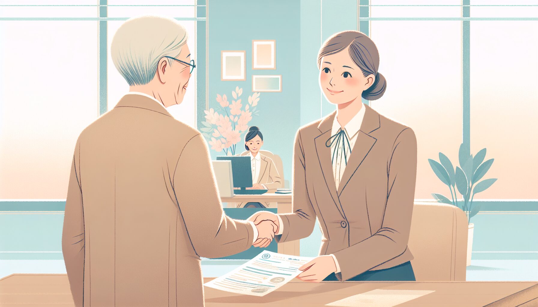 専門家に書類を手渡し安心する高齢者のイラスト