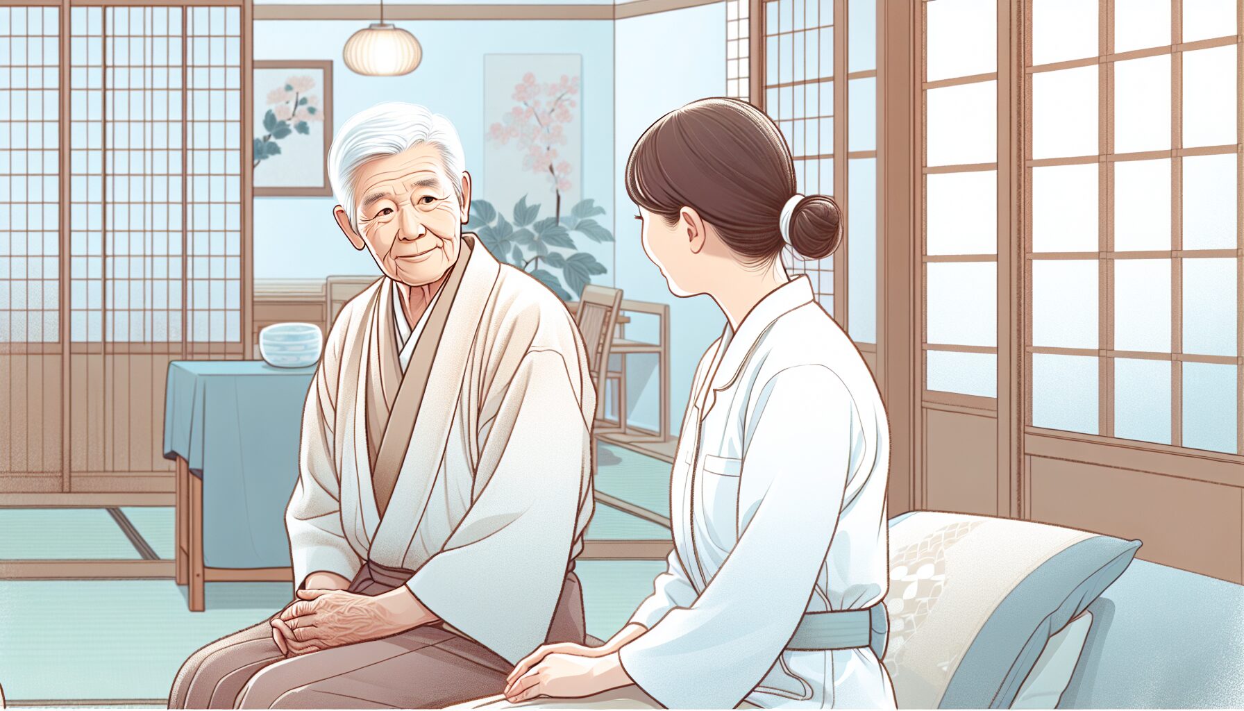 高齢者とケアワーカーがACPについて穏やかに話し合うイメージ