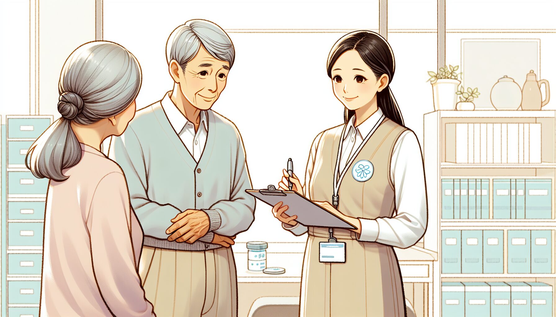ケアマネジャーに相談する高齢夫婦のイラスト