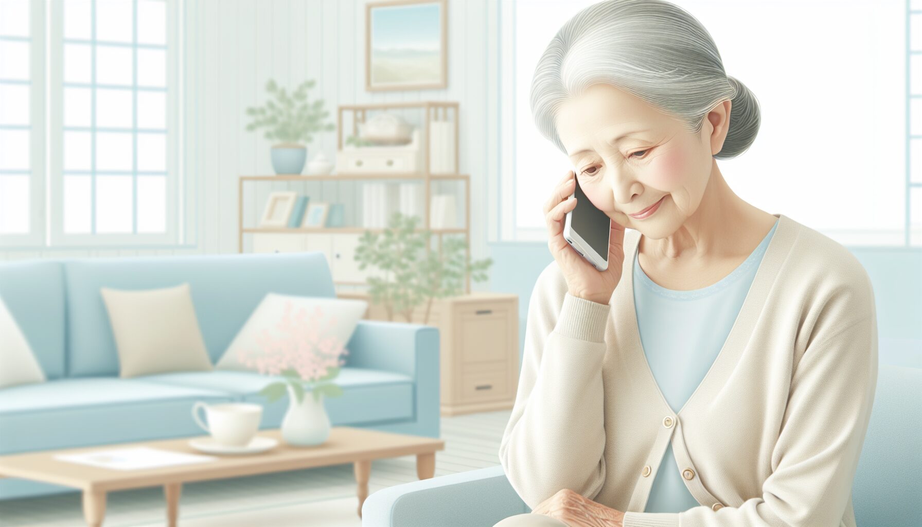 一人暮らしの高齢者が電話で相談しているイラスト