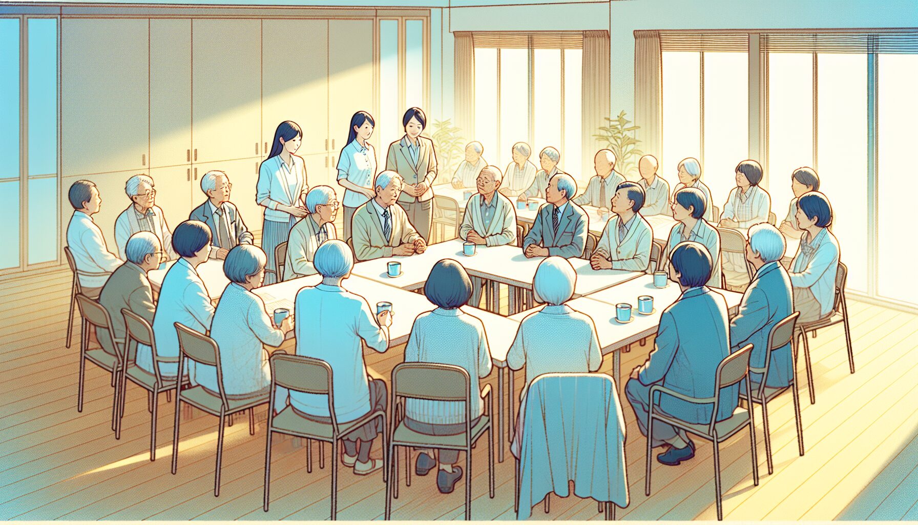 地域の福祉専門家たちがコミュニティミーティングをしているイラスト
