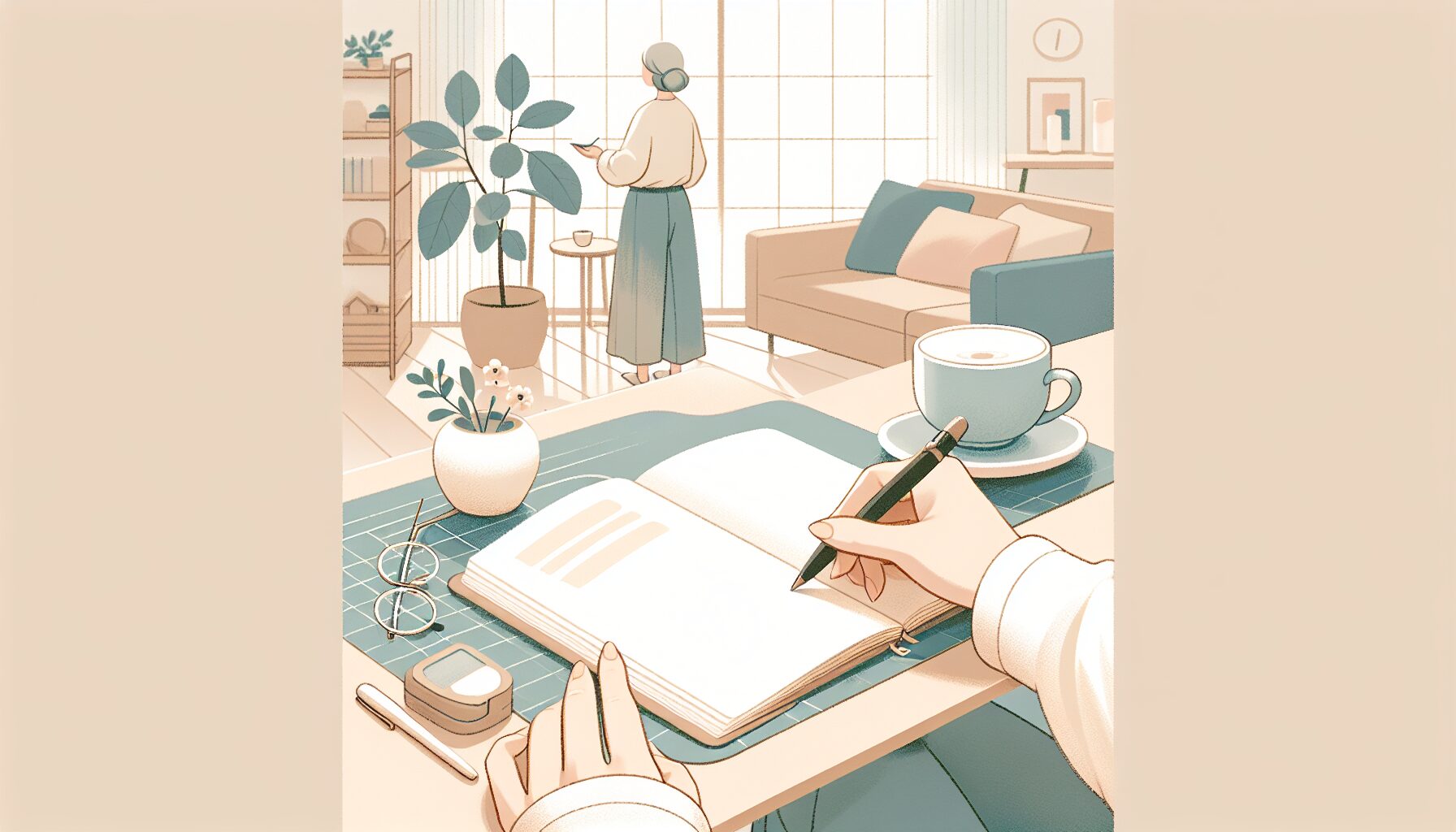 エンディングノートの14項目を書き込む高齢者のイラスト