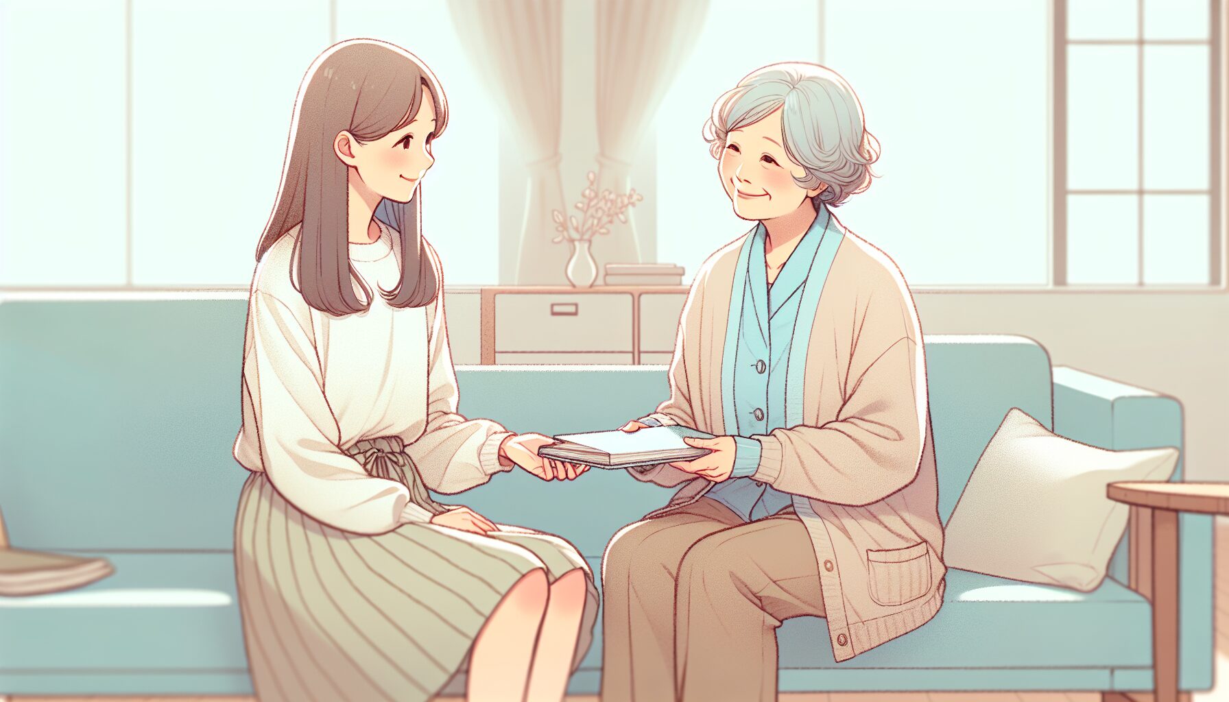 エンディングノートを家族に手渡す高齢者のイラスト