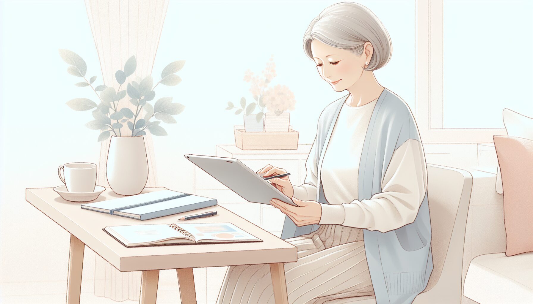 デジタルエンディングノートをスマートフォンで使う高齢者のイラスト