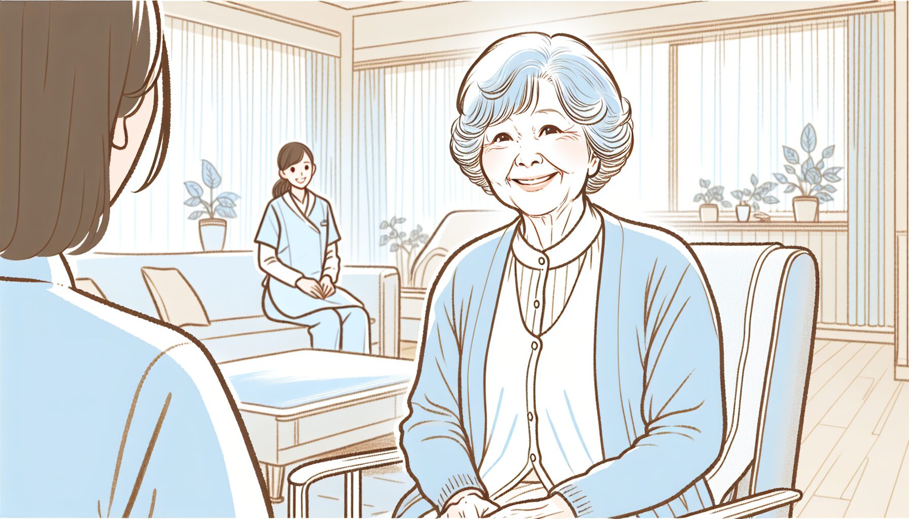 北摂エリアの介護施設内でケアスタッフが高齢者に寄り添う様子